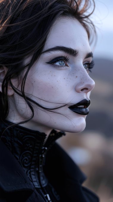 A dramatic close-up portrait of a young woman with dark makeup, black lipstick, freckles, and piercing blue eyes, set against a blurred background.