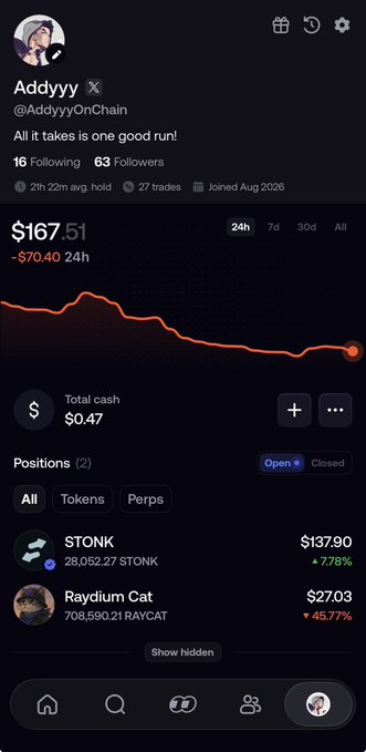 A mobile screenshot shows a crypto portfolio app for user 'Addyyy' (@AddyyyOnChain) with a 24h value of $167.51 (down $70.40), displaying holdings in $STONK (+7.78%) and Raydium Cat (-45.77%).