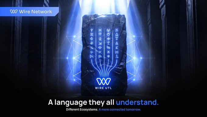 A glowing stone tablet covered in mysterious glyphs displays the "WIRE UTL" logo with its distinctive "W" symbol, beneath the tagline "A language they all understand. Different Ecosystems. A more connected tomorrow." and "Wire Network" banner.

The image visually reinforces the post's theme about translation barriers between blockchain systems by depicting an ancient universal language stone—suggesting that Wire Network's UTL (Universal Translation Language) serves as the Rosetta Stone of crypto, allowing different ecosystems to communicate without losing context, time, liquidity, or trust.