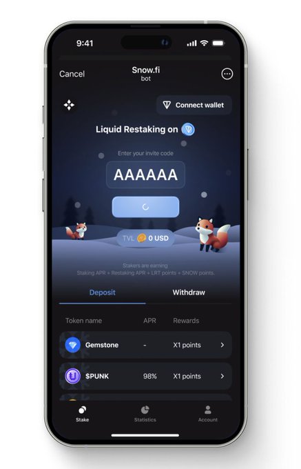 A smartphone screenshot of a crypto staking app called 'Snow.fi' showing a Liquid Restaking interface with tokens 'Gemstone' and '$PUNK' and the invite code 'AAAAAA'.