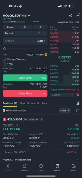 The image shows a cryptocurrency trading interface displaying a HOLOUSDT perpetual contract order book, with the price at 0.08732 (up 24.19%) and options to open long/short positions, while the user's post questions why the token is pumping and warns about potential dumps following celebrity-driven FOMO.