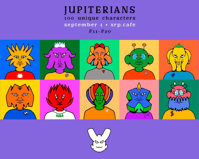 A colorful digital artwork titled 'JUPITERIANS 100 unique characters' displays ten alien-like figures in a grid, each with distinct features and bright colors, dated 'september 1 • xrp.cafe #11-#20'.