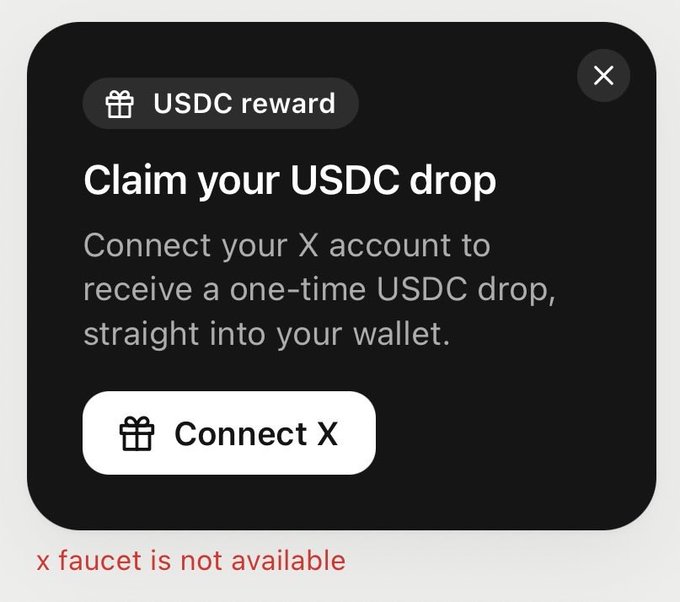 A dark popup prompts users to "Claim your USDC drop" by clicking a "Connect X" button, but red text below states "x faucet is not available," showing the reward system is currently offline. The image relates to the poster's struggle with Paybox registration, illustrating another obstacle in the USDC faucet claim process.
