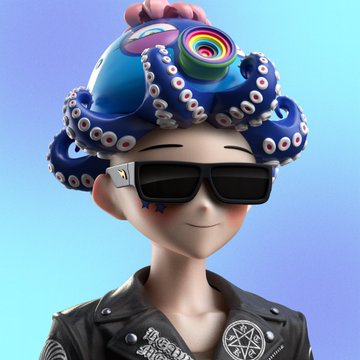 3D rendered character wearing a blue octopus hat with rainbow lollipop decoration, black sunglasses, and a leather jacket against a gradient blue background.