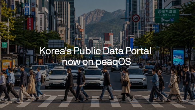 A promotional image for peaqOS featuring a busy Korean city street scene with the text 'Korea's Public Data Portal now on peaqOS'.