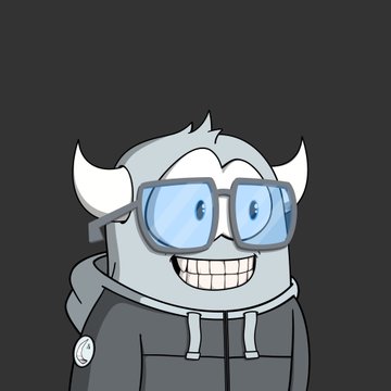 An animated cartoon character with gray skin, blue glasses, and small horns, smiling broadly while wearing a gray hoodie against a dark background.