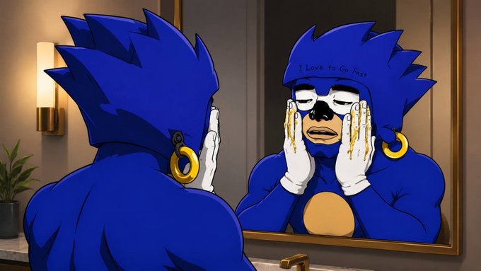 An illustration showing a Sonic the Hedgehog character looking into a bathroom mirror while crying orange liquid from his eyes, with the reflection wearing a blue cap that reads 'I Love to Go Fast'.