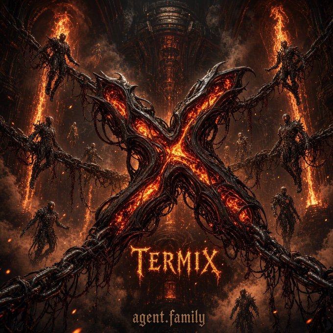 A dark, hellish scene features a glowing red X-shaped structure made of molten, organic tendrils suspended by massive chains, surrounded by humanoid figures emerging from infernal flames, with the text "TERMIX" and "agent.family" displayed below.

The image visually echoes the post's metaphor: the X-mark suggests a false choice or dead-end for AI agents, implying that simply having a capable model (the fiery power on display) isn't enough to "cross over" into becoming a genuine competitor without the surrounding scaffolding of proper agent infrastructure.