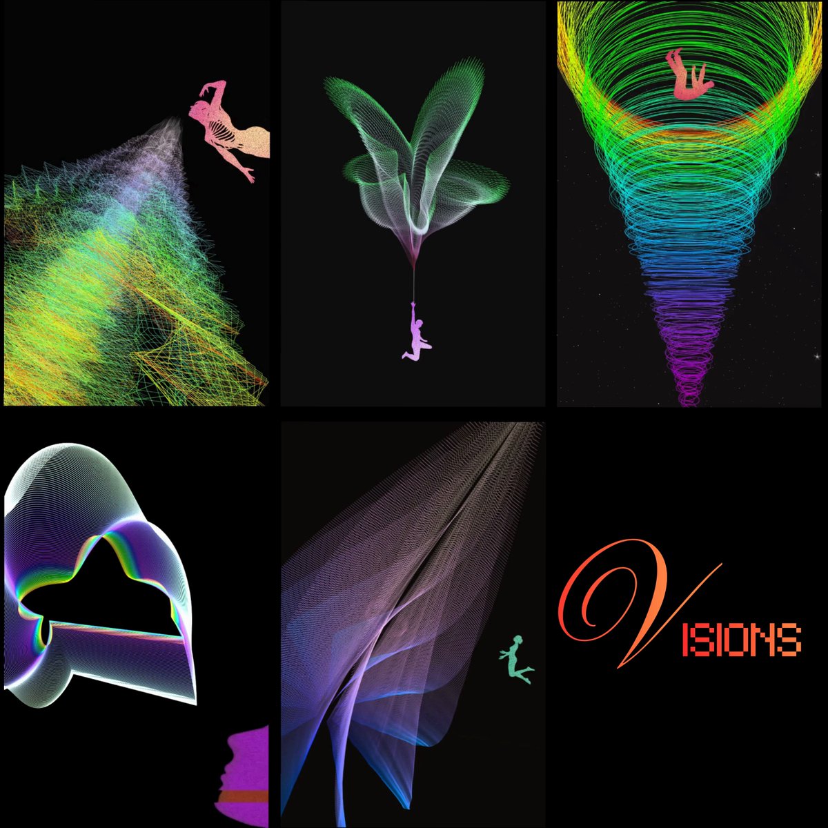 The image consists of five different pictures or artworks, each with its own unique style and color scheme. The first picture features a woman flying through the air above a rainbow-colored spiral. The second picture showcases an abstract representation of a person suspended in mid-air against a black background. The third picture depicts a man floating in space surrounded by colorful lines. The fourth picture portrays a woman standing on a platform, looking down at a spiral staircase. The fifth picture features a man flying through the air above a rainbow-colored spiral. These artworks are arranged in a grid format with each piece occupying its own square within the image.