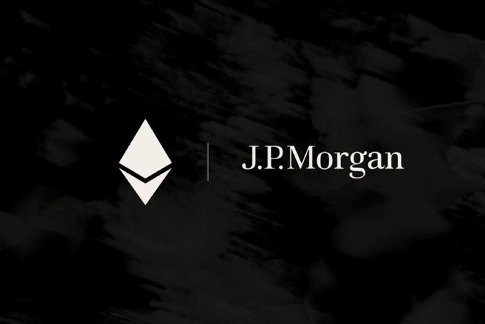 The image displays the JPMorgan logo—a white diamond-shaped emblem alongside the text "J.P.Morgan"—set against a dark, textured background, directly representing the bank mentioned in the post announcing the launch of the JPMD token on Ethereum.