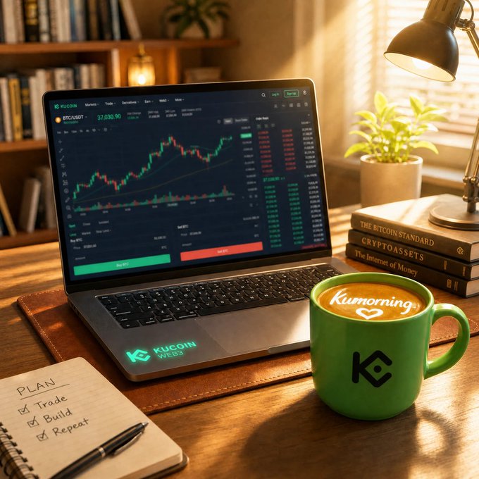 A laptop displaying a KuCoin crypto trading chart for BTC/USDT (37,230.90) sits beside a green KuCoin-branded "KuMorning" coffee mug, a stack of books on Bitcoin and crypto assets, and a notebook listing a "PLAN: Trade, Build, Repeat." The cozy setup with warm lighting from a desk lamp perfectly captures the post's "Kickstarting a wonderful day!" sentiment—blending morning coffee with trading preparation to fuel a productive crypto-focused start.
