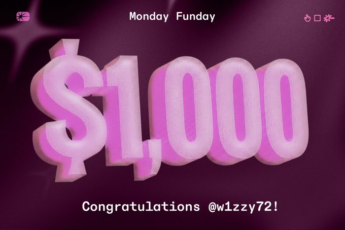 A bold pink "$1,000" graphic with "Monday Funday" and "Congratulations @w1zzy72!" announces the week's $1,000 trader reward winner. The celebratory image visually supports the post's announcement while encouraging others to participate by meeting the daily tap requirements for a chance to win next week.