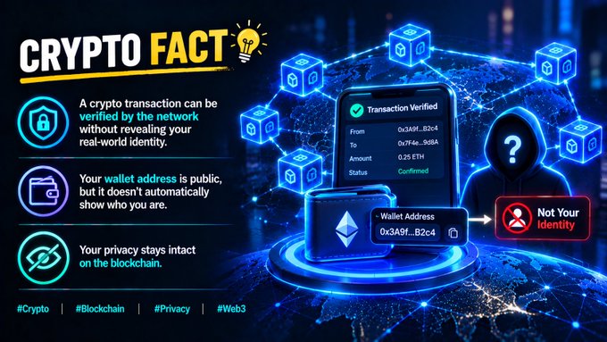 An infographic titled 'CRYPTO FACT' explaining that crypto transactions can be verified without revealing identity, showing a verified transaction on a smartphone and a wallet address with the hashtags #Crypto, #Blockchain, #Privacy, and #Web3.
