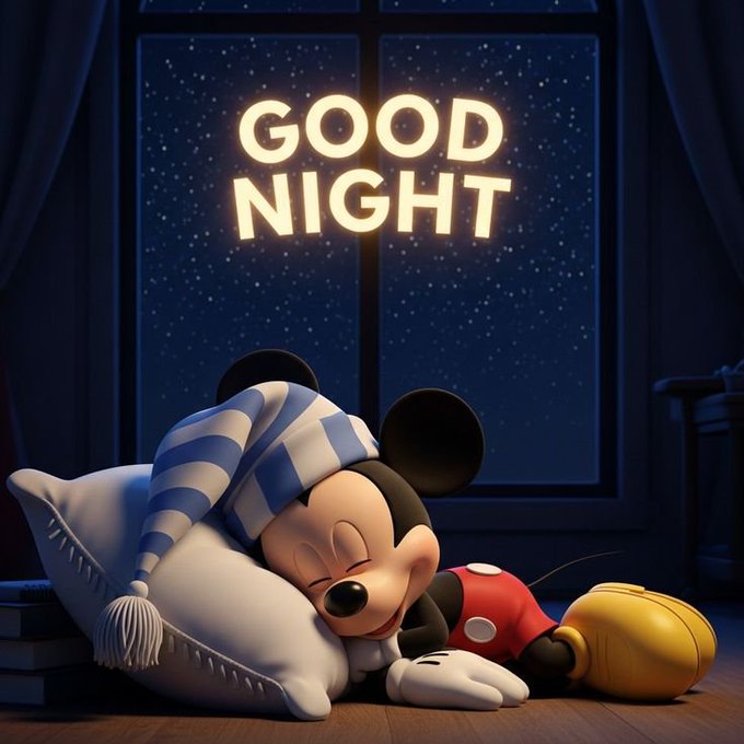 A cozy bedtime illustration of Mickey Mouse sleeping on a pillow wearing a blue and white striped nightcap, with 'GOOD NIGHT' illuminated in the window behind him.