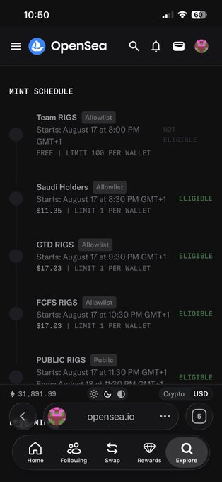 A mobile screenshot of the OpenSea website showing a mint schedule with various NFT drops including 'Team RIGS', 'Saudi Holders', 'GTD RIGS', 'FCFS RIGS', and 'PUBLIC RIGS' starting August 17.