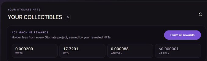 A digital interface showing 'YOUR OTOMATE NFTS' and 'YOUR COLLECTIBLES' with various crypto reward amounts listed below.