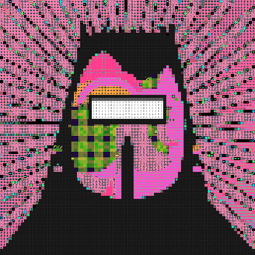 A pixelated digital artwork with a glitch/cyberpunk aesthetic, featuring a central figure in pink, green, and black colors with a white barcode across the face, surrounded by radiating pink and black patterns.