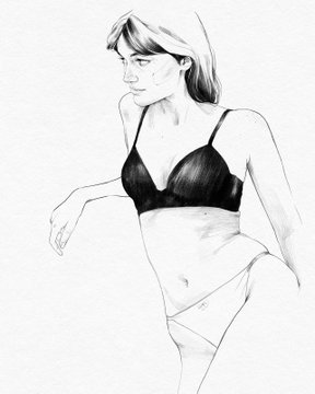 A pencil sketch of a woman wearing a black bra and glasses, partially turned away.