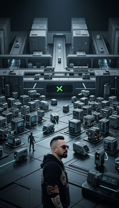A man with a tattooed arm and sunglasses stands in profile before a vast, futuristic industrial facility filled with crates, vehicles, and a green X symbol.