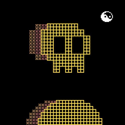 A dark image showing pixelated yellow and red grid patterns that resemble stylized skull figures, with a small eye icon in the corner.