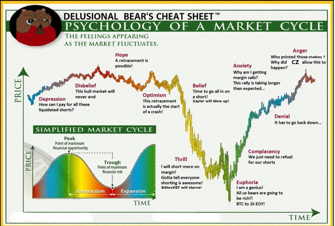 The image is a "Delusional Bear's Cheat Sheet" illustrating the psychology of a market cycle, mapping emotions like Depression, Disbelief, Hope, Optimism, Belief, Thrill, Euphoria, Complacency, Denial, Anxiety, and Anger to specific price movements over time, alongside a simplified cycle showing Peak, Contraction, Trough, and Expansion phases—complete with bearish quips like "I will short more on margin! Gotta tell everyone shorting is awesome! BitEx/KBT will starve!" 

It directly relates to the post "Which stage are we at" by inviting viewers to identify where current market sentiment falls along the emotional spectrum depicted in the cycle.