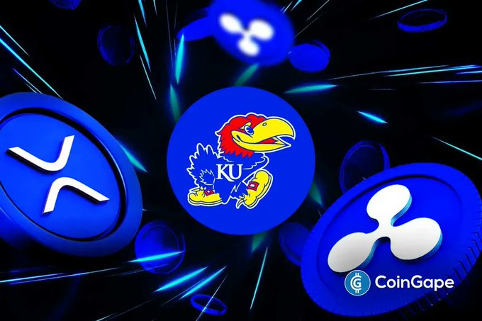 The image showcases several XRP cryptocurrency coins floating against a dark background, with one prominently featuring the University of Kansas Jayhawks mascot logo alongside the "KU" lettering, visually representing Ripple's historic five-year sponsorship deal with the NCAA Division I program. The CoinGape watermark appears in the lower right corner, indicating the source of this crypto news graphic.
