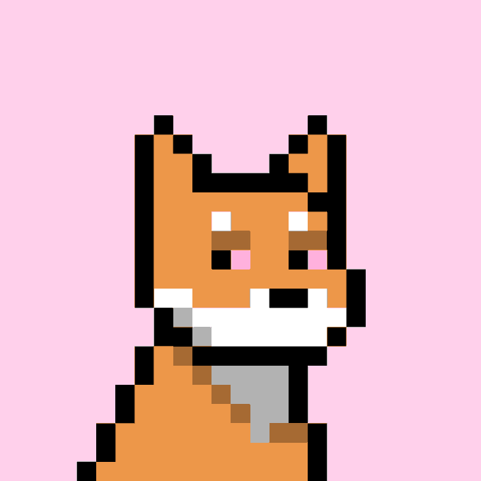 A pixel art illustration of an orange fox or cat character with white and pink facial features against a solid pink background.