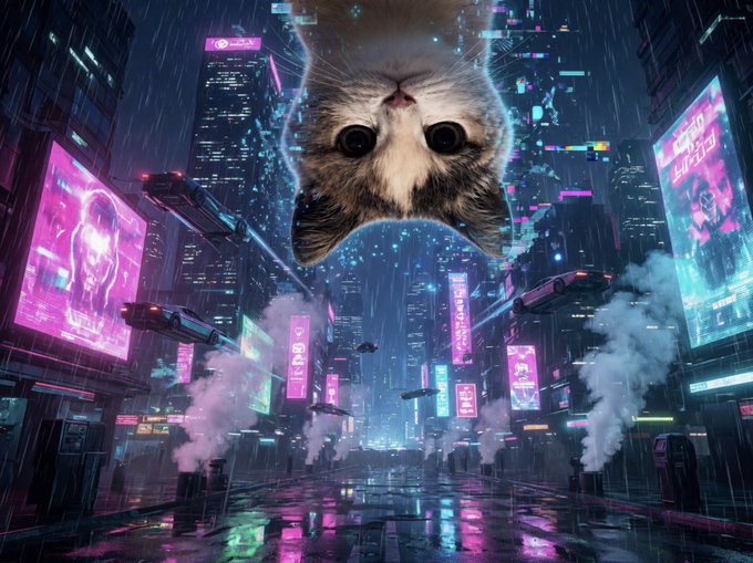 The image features a cat with its head hanging over a neon-lit city street, giving an impression of being suspended above the buildings. The cat appears to be looking down at something or someone below, possibly a person or another cat. The scene is set in a futuristic cityscape filled with neon lights and skyscrapers, creating a sense of depth and perspective. The image also includes text that reads "In a world full of broke ass devs who will scam for a couple thousand bucks, look for tokens with good communities and good leaders with a long term mindset".