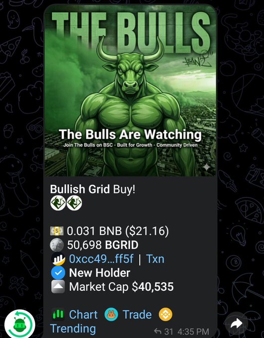 A mobile screenshot showing a crypto tracker app displaying a "Bullish Grid Buy!" alert for BGRID token on BSC, with 0.031 BNB ($21.16) spent to acquire 50,698 BGRID by a new holder, bringing market cap to $40,535. The image illustrates the user's point about finding early opportunities through research, showing the project's "The Bulls Are Watching" branding as they track its growth from ~$16K to ~$40K market cap.