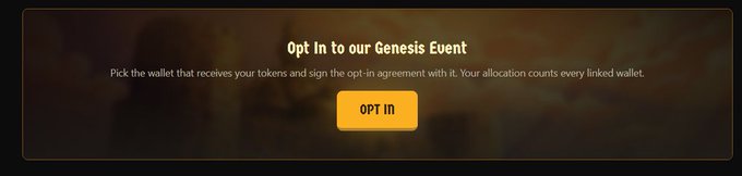 A dark banner promotes an "Opt In to our Genesis Event" with instructions to pick a wallet that receives your tokens and sign the opt-in agreement, featuring a prominent orange "OPT IN" button.