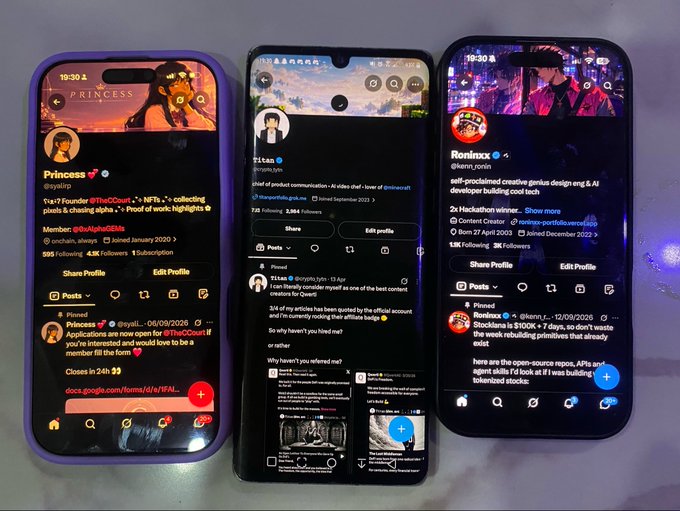 Three smartphones display X (formerly Twitter) profiles side by side on a surface: @sroiizTV (Princess) with 295 Following and 4.5K Followers, @zitan (Zitan, founder of @immersifi), and @kenn_ronin (Roninxz) with 13M Following and 3K Followers. The image appears to show someone's day of engaging with various crypto, NFT, and tech-focused accounts, aligning with the post's casual "Today was fun…" caption by documenting the profiles they visited or interacted with.