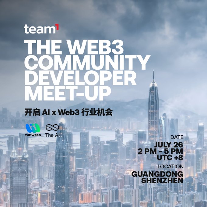 A promotional poster for 'team1' advertising 'THE WEB3 COMMUNITY DEVELOPER MEET-UP' with the theme '开启 AI x Web3 行业机会', scheduled for July 26, 2 PM - 5 PM UTC +8 in Guangdong, Shenzhen, set against a city skyline.