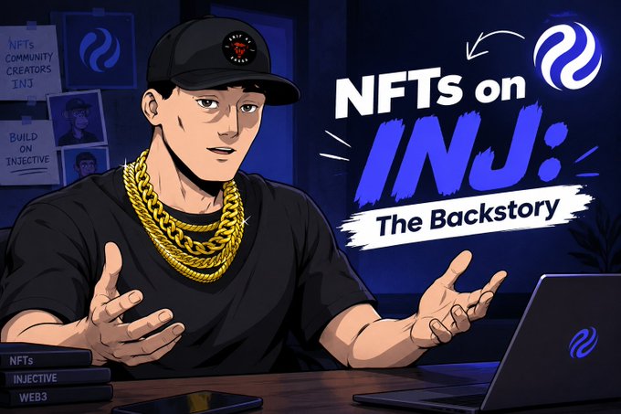 A cartoon graphic featuring a man in a black cap and gold chain with text 'NFTs on INJ: The Backstory', referencing 'INJECTIVE' and showing 'WEB3' and 'INJECTIVE' on books.