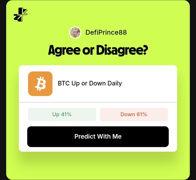 A green-themed app screen from 'DefiPrince88' asks 'Agree or Disagree?' for a 'BTC Up or Down Daily' prediction, showing Up 41% and Down 61% with a 'Predict With Me' button.
