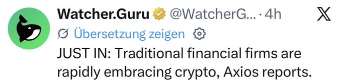 The image features a Twitter post by someone named "WatchcherGuru" that includes information about crypto markets, including a quote from an author about traditional financial firms embracing crypto. The text also mentions Bitcoin and cryptocurrency.