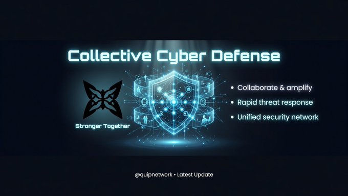 A dark promotional graphic titled 'Collective Cyber Defense' featuring a glowing blue shield with circuit-board designs, accompanied by text: 'Collaborate & amplify', 'Rapid threat response', 'Unified security network', branded as 'Stronger Together' by @qulipnetwork.