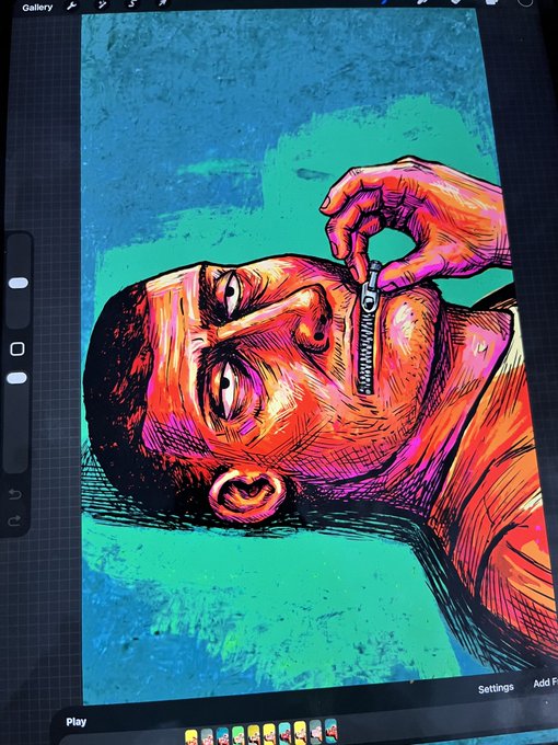 A digital illustration on a tablet screen depicting a stylized, brightly colored portrait of a person holding a lighter near their face against a teal background.