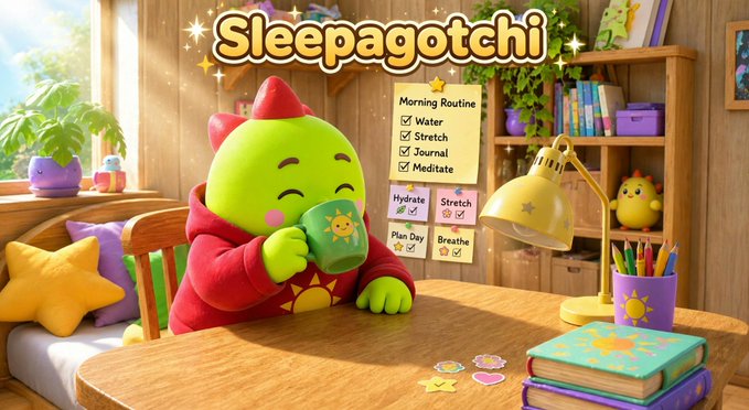 A green cartoon dragon-like character drinks from a mug at a desk under the text 'Sleepagotchi', surrounded by a cozy room with a morning routine checklist.