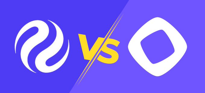 A blue-versus-purple graphic shows a white stylized flame-like logo on the left, a yellow "VS" in the center, and a white rounded-square logo on the right.