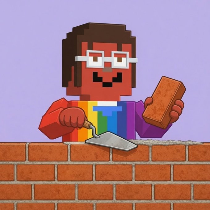 A pixel-art builder wearing white-rimmed glasses and a rainbow shirt lays a red brick atop a freshly built wall with a trowel, visually representing the crypto project's "build" ethos. The image ties to the post's theme of builders actively constructing new NFT and DeFi platforms like Clutch Markets on Robinhood Chain.