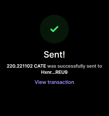 The image shows a dark-themed confirmation screen with a green checkmark, stating "Sent!" and confirming that 220.221102 CATE was successfully transferred to the wallet address starting with Hxnr...REU9, with a "View transaction" link below. This relates to the congratulatory post by @Ghion06 likely celebrating the receipt of this CATE token transaction in their wallet.