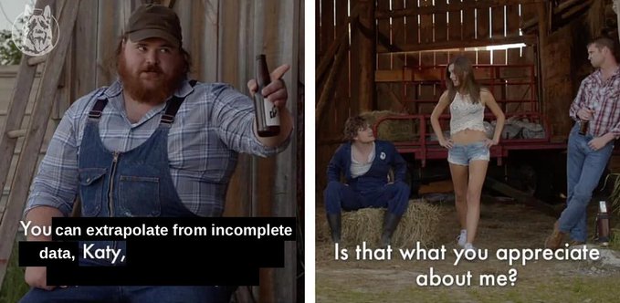 The image is a two-panel meme from the show Letterkenny, showing a farmer saying "You can extrapolate from incomplete data, Katy," and Katy responding to Wayne and Daryl with "Is that what you appreciate about me?" The meme humorously illustrates the post's point about crypto referral programs: just as Katy appreciates being valued for meaningful traits rather than superficial metrics, real wallet activity (holding and posting) is a more meaningful measure of engagement than farming empty clicks for multipliers.