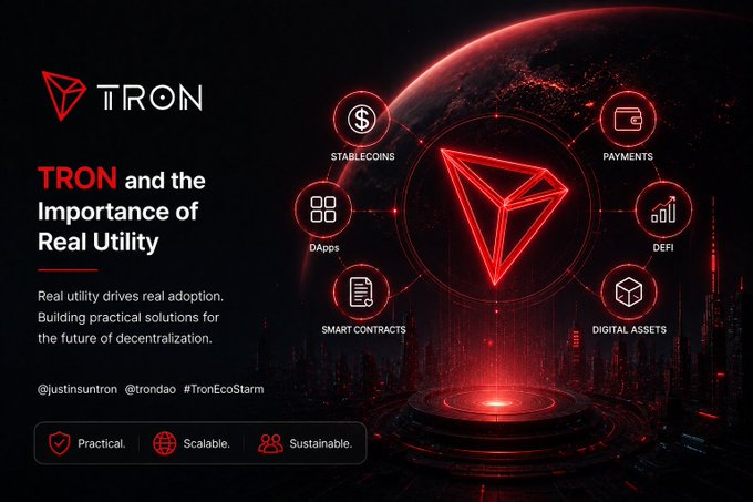 Red Tron promotional graphic titled 'TRON and the Importance of Real Utility' featuring icons for Stablecoins, Payments, DeFi, Digital Assets, Smart Contracts, and DApps, with taglines 'Practical. Scalable. Sustainable.' and handles @justinsuntron @trondao #TronEcoStorm.