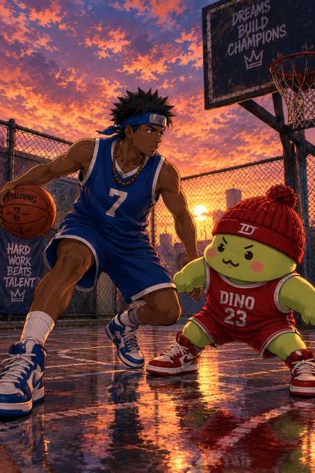An anime-style illustration of a basketball player in a blue jersey (#7) dribbling against a small green character in a red "DINO 23" outfit on an outdoor court at sunset, with a sign reading "DREAMS BUILD CHAMPIONS".