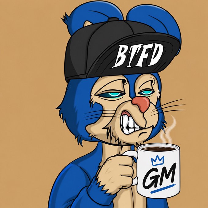 A cartoon-style illustration of a blue anthropomorphic bear or mouse character wearing a black cap with 'BTFD' in white text, holding a white mug labeled 'GM' with a crown logo.