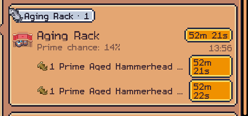 The image shows a game UI panel from "Aging Rack 1" displaying a 14% prime chance, with two "Prime Aged Hammerhead" items ready for collection at timers of 52m 21s and 52m 22s. This relates to the poster's excitement about achieving two Prime results simultaneously, as the panel reveals their successful dual Prime drops from the Aging Rack mechanic.