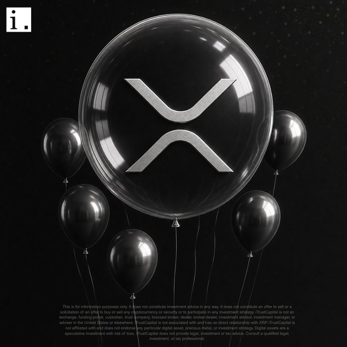 The image features a large, shiny glass bubble with the symbol "XRP" written on it. Surrounding this bubble are several black balloons floating in front of it. The text at the bottom of the image reads "Happy 14th Birthday $XRP! @Ripple".
