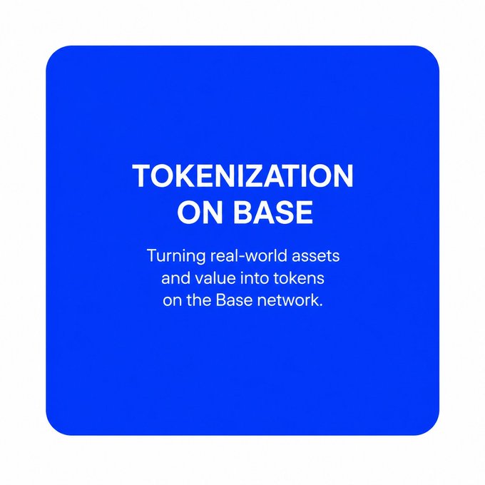 A blue square graphic with white text reading 'TOKENIZATION ON BASE' and a subtitle 'Turning real-world assets and value into tokens on the Base network.'