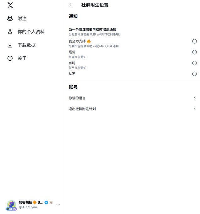 A Chinese-language X (Twitter) account settings page showing notification preferences and account options, with the username @BTCfuyao visible at the bottom.