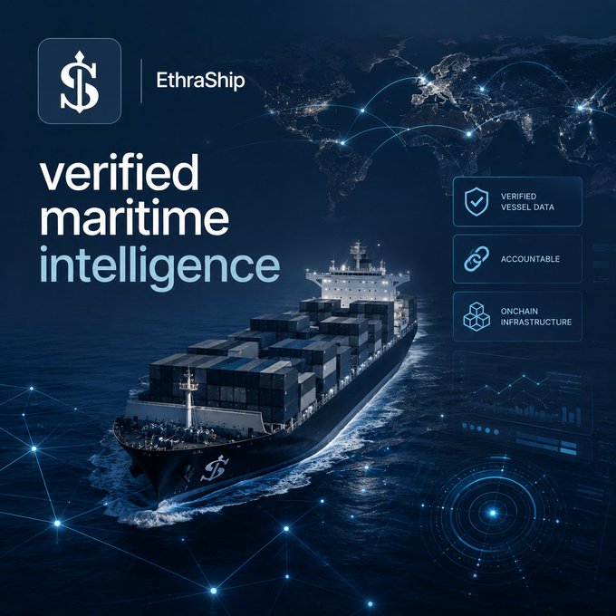 A promotional graphic for 'EthraShip' with the tagline 'verified maritime intelligence' features a large container ship sailing on dark waters beneath a world map connected by glowing lines, highlighting 'Verified Vessel Data,' 'Accountable,' and 'Onchain Infrastructure.'